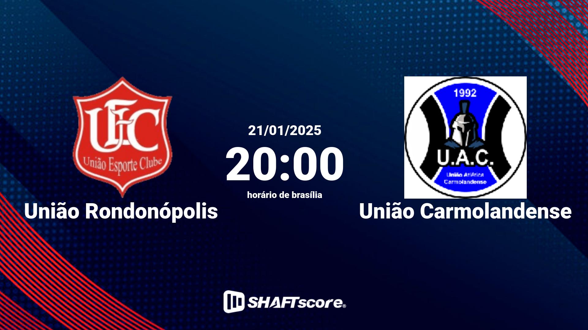 Estatísticas do jogo União Rondonópolis vs União Carmolandense 21.01 20:00