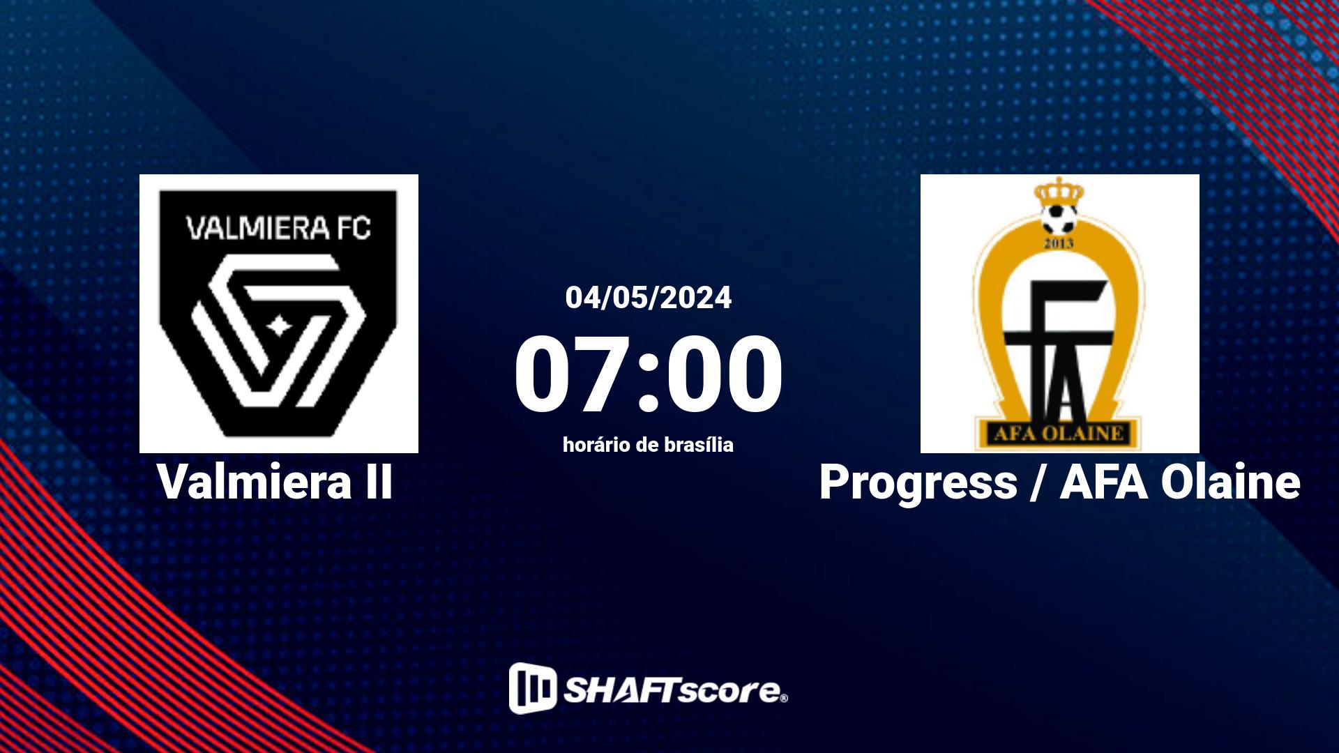 Estatísticas do jogo Valmiera II vs Progress / AFA Olaine 04.05 07:00