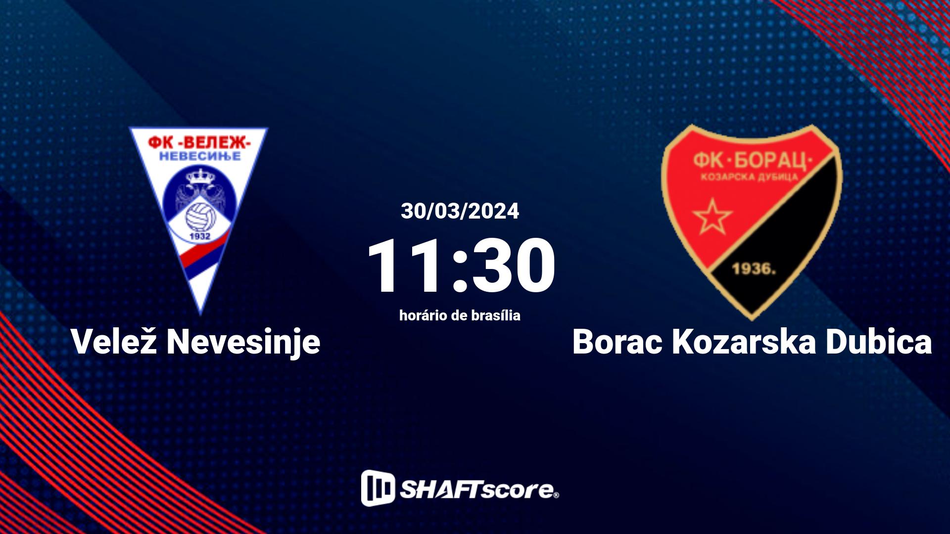 Estatísticas do jogo Velež Nevesinje vs Borac Kozarska Dubica 30.03 11:30