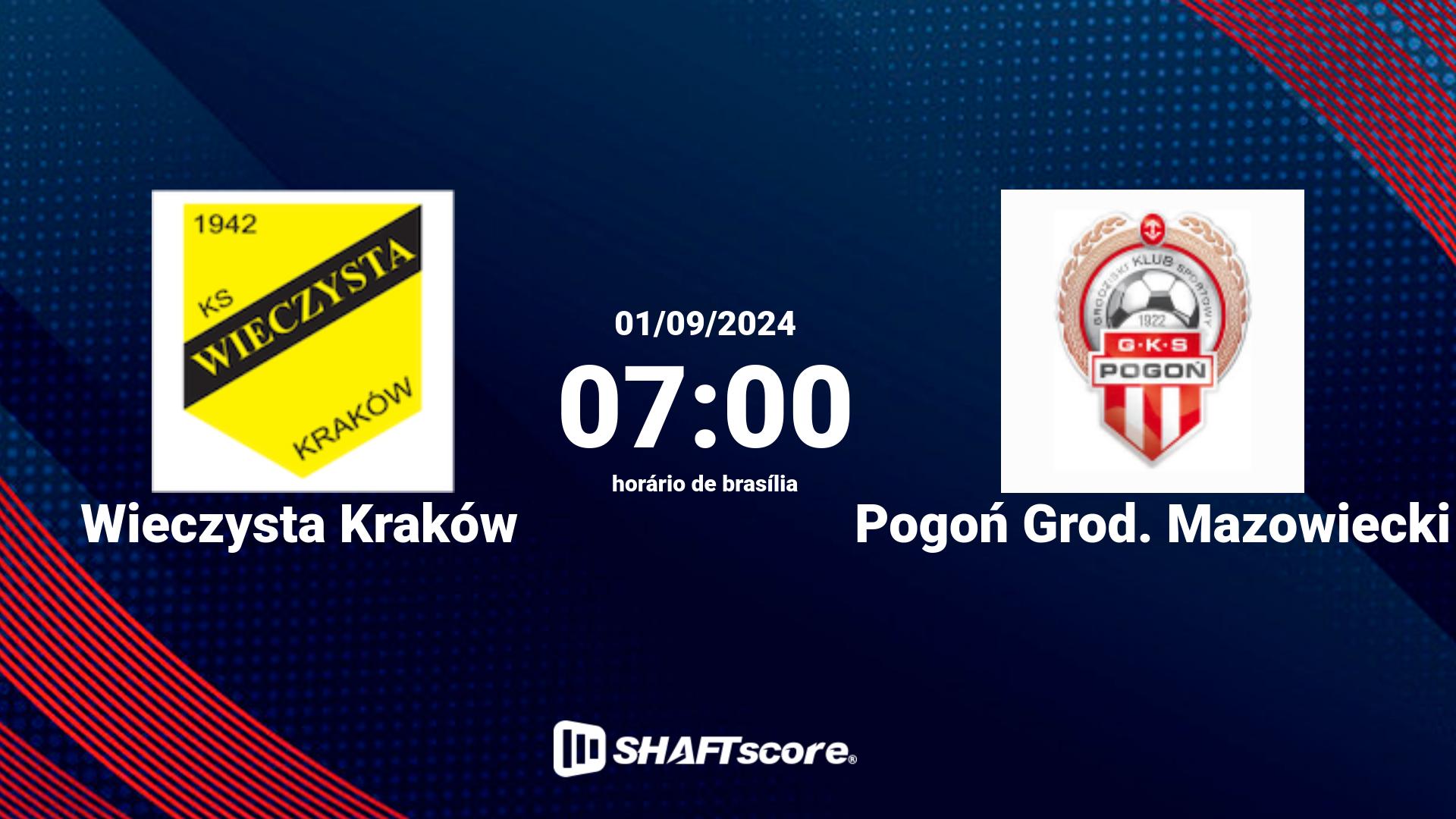 Estatísticas do jogo Wieczysta Kraków vs Pogoń Grod. Mazowiecki 01.09 07:00