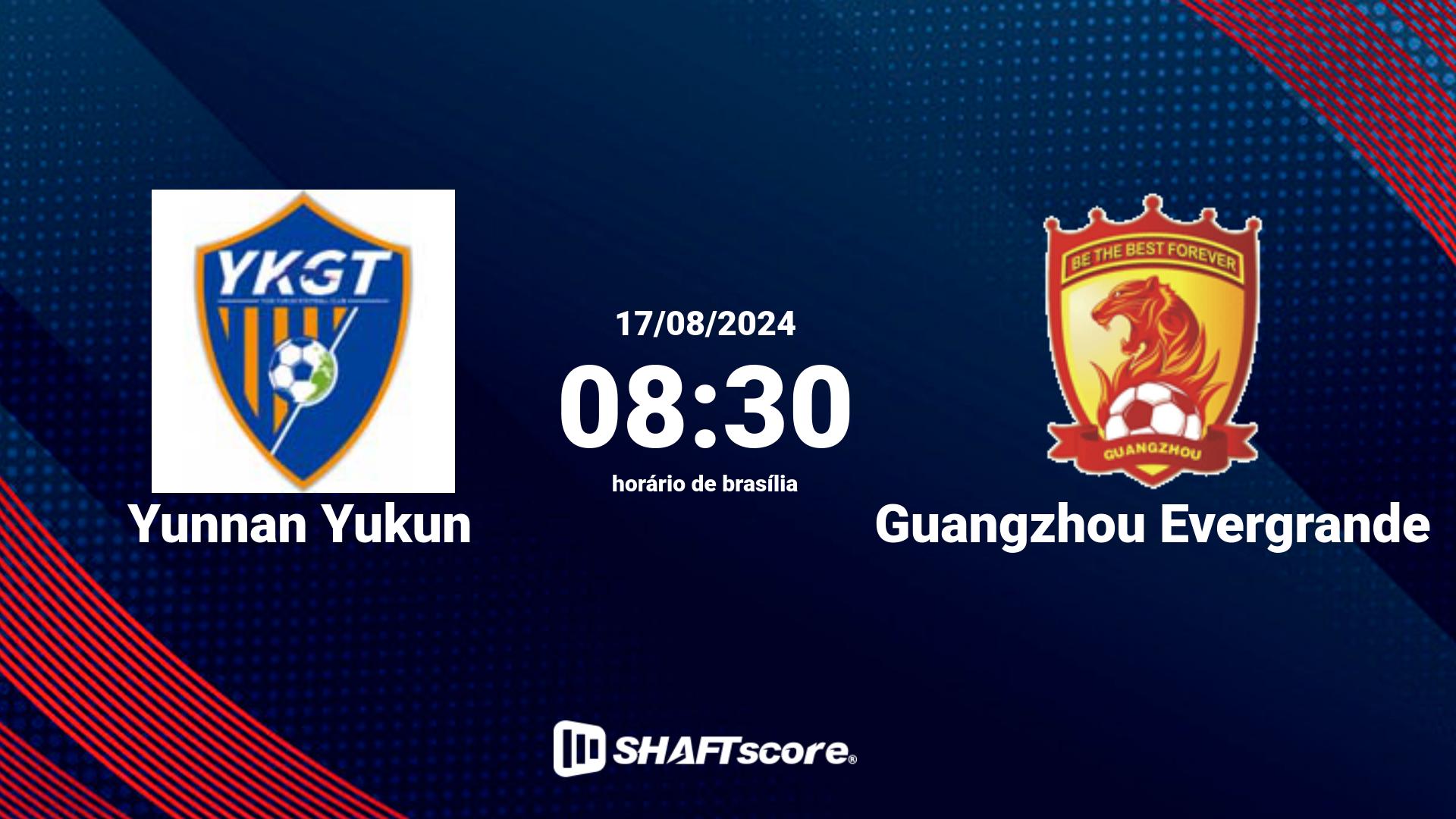 Estatísticas do jogo Yunnan Yukun vs Guangzhou Evergrande 17.08 08:30