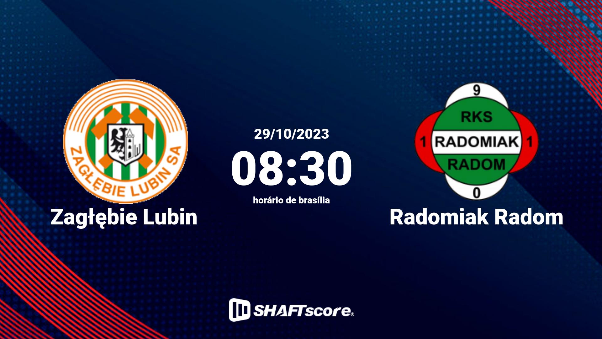 Estatísticas do jogo Zagłębie Lubin vs Radomiak Radom 29.10 08:30