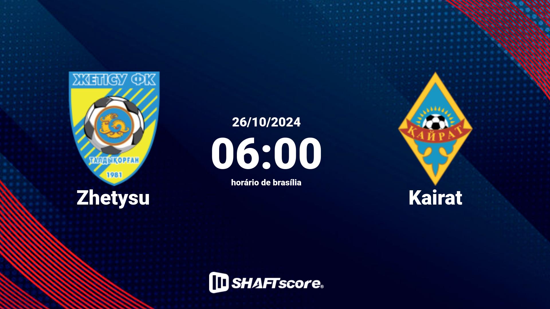 Estatísticas do jogo Zhetysu vs Kairat 26.10 06:00