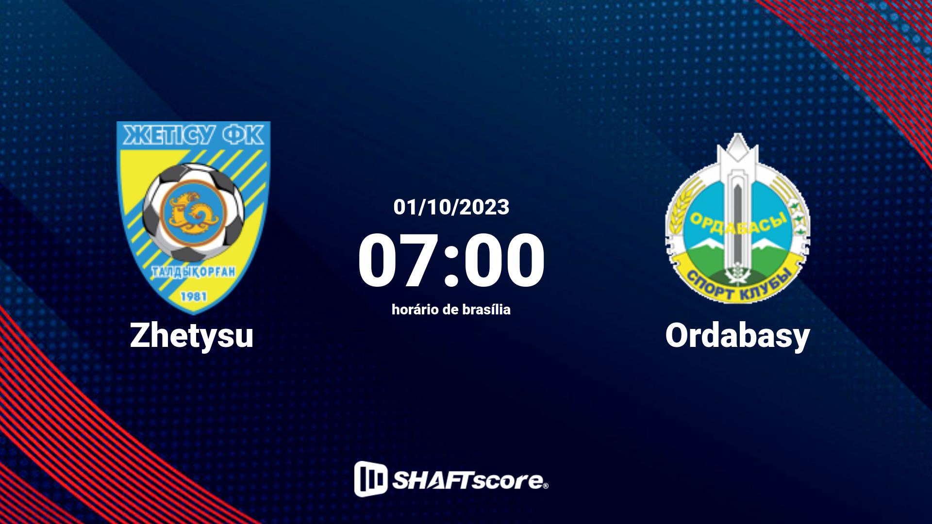 Estatísticas do jogo Zhetysu vs Ordabasy 01.10 07:00