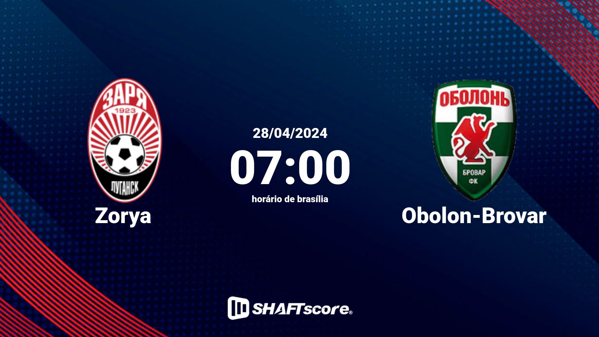 Estatísticas do jogo Zorya vs Obolon-Brovar 28.04 07:00