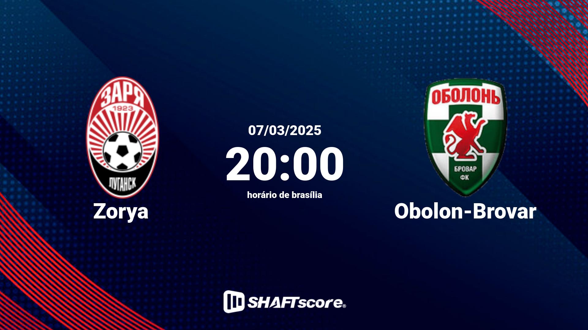 Estatísticas do jogo Zorya vs Obolon-Brovar 07.03 20:00